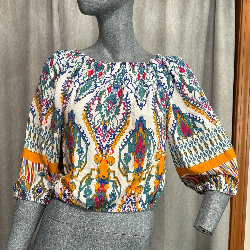 Christian Siriano Crop Top Aztec Western‎ Boho 3/4 sleeve Coastal Cowgirl Multi